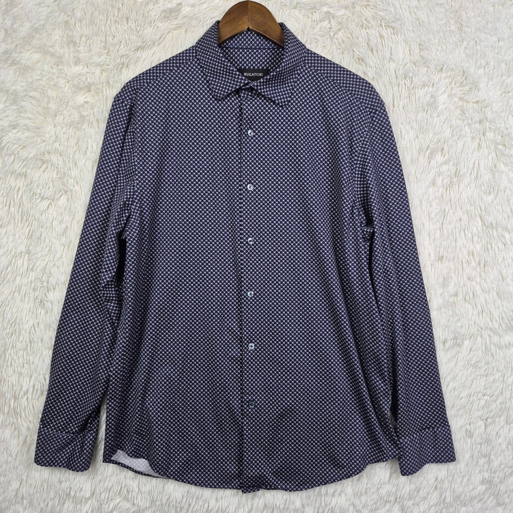 Bugatchi Comfort Stretch Shirt Mens Large Blue Geometric Print